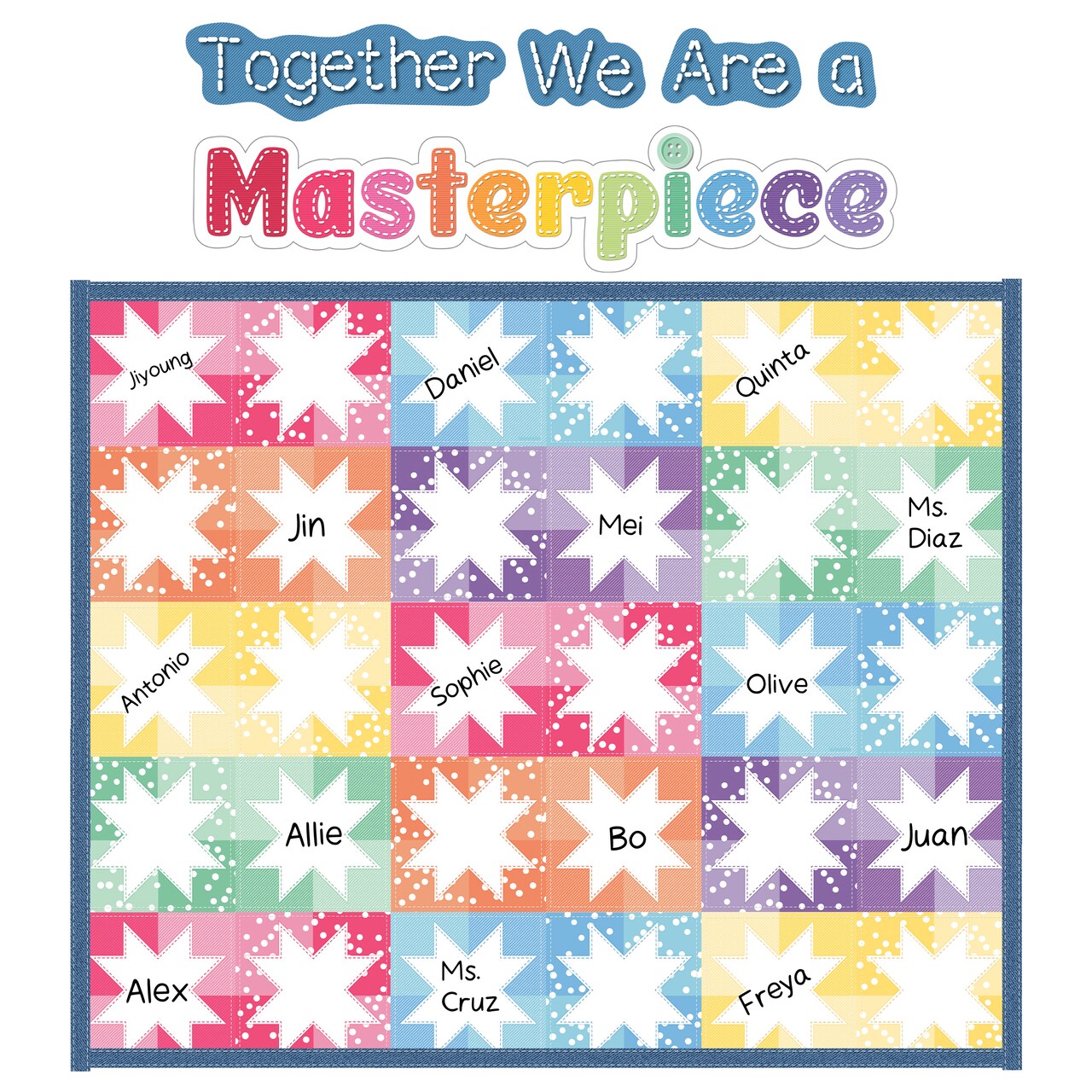 Carson Dellosa Crafty and Cool 54-Piece Together We Are a Masterpiece Motivational Bulletin Board Set, Colorful Quilt Squares and Denim Strips Classroom Decor
